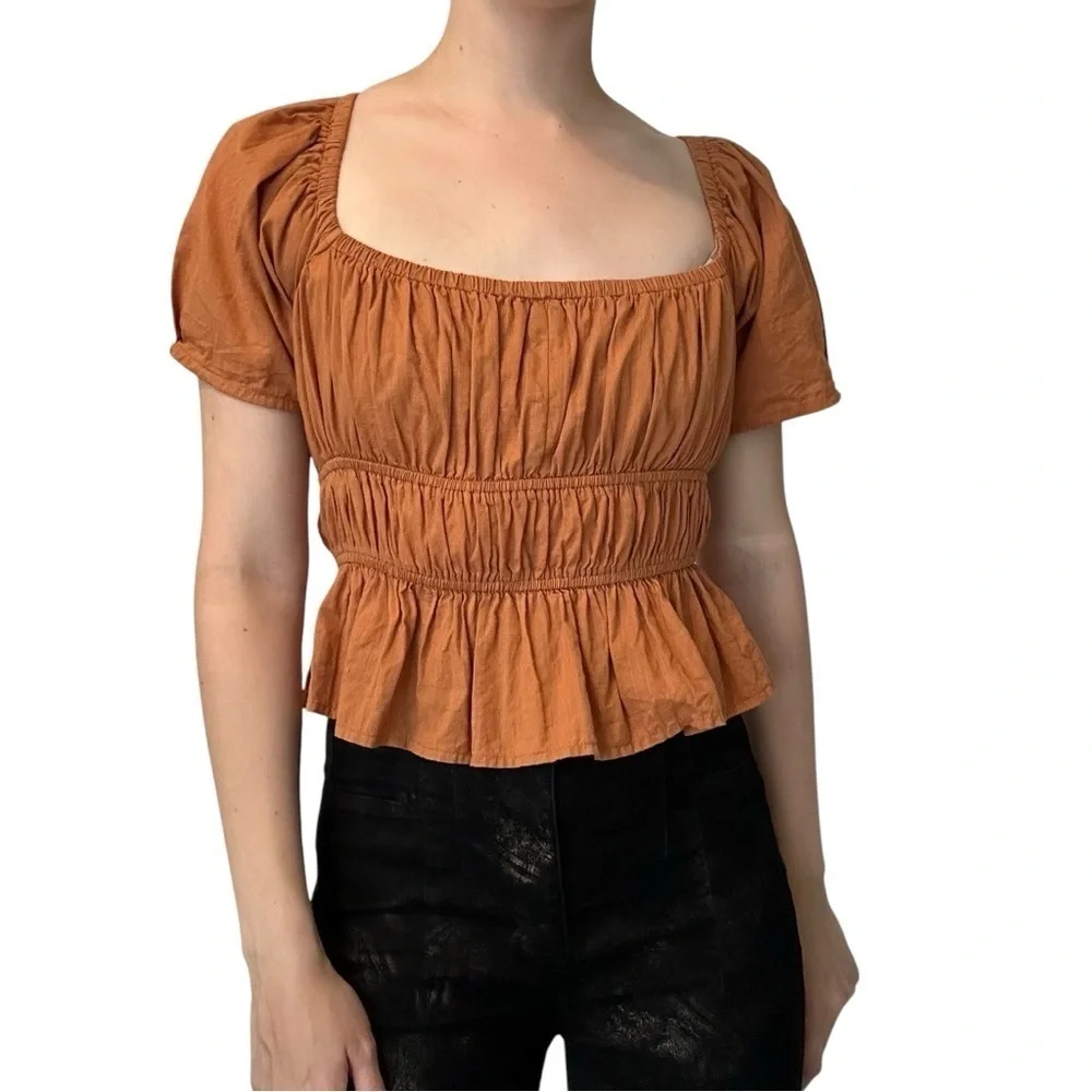 Free People Top Cropped Blouse Lace Up Boho Milkmaid Orange Size Extra Small